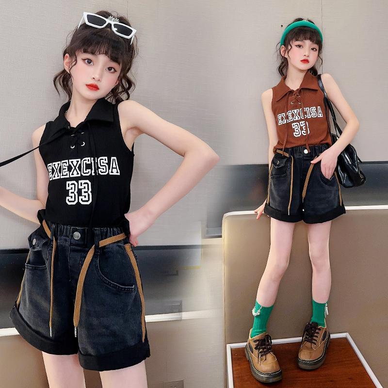 Bộ Áo Thun + Quần Short Denim Thời Trang Mới 2023 Dành Cho Bé Gái