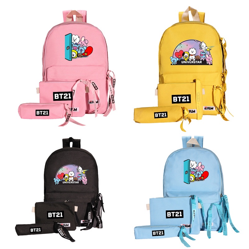 Bộ 3 Ba Lô Túi Đeo Vai Vải canvas In Hoạt Hình bt21 Dễ Thương Cho Nữ Sinh
