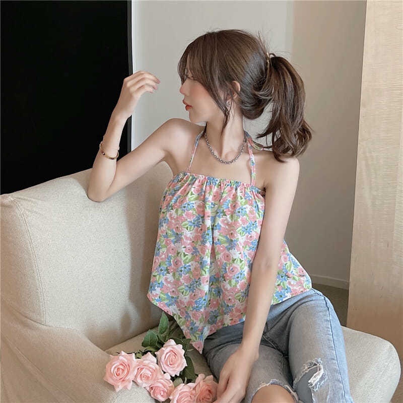 Áo Hai Dây Cổ Yếm In Hoa Màu Trơn Kiểu Pháp Ngọt Ngào Cho Bạn Gái Mặc Khi Đi Nghỉ Mát