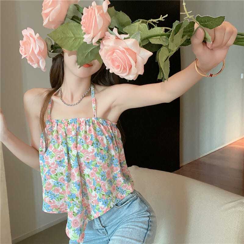 Áo Hai Dây Cổ Yếm In Hoa Màu Trơn Kiểu Pháp Ngọt Ngào Cho Bạn Gái Mặc Khi Đi Nghỉ Mát