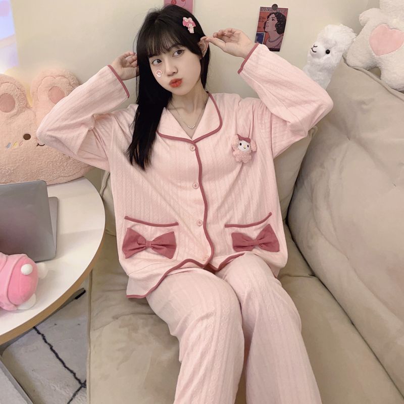 Bộ Đồ Ngủ Tay Dài Đính Nơ Phong Cách Hàn Quốc Thời Trang Xuân Thu Xinh Xắn Cho Nữ