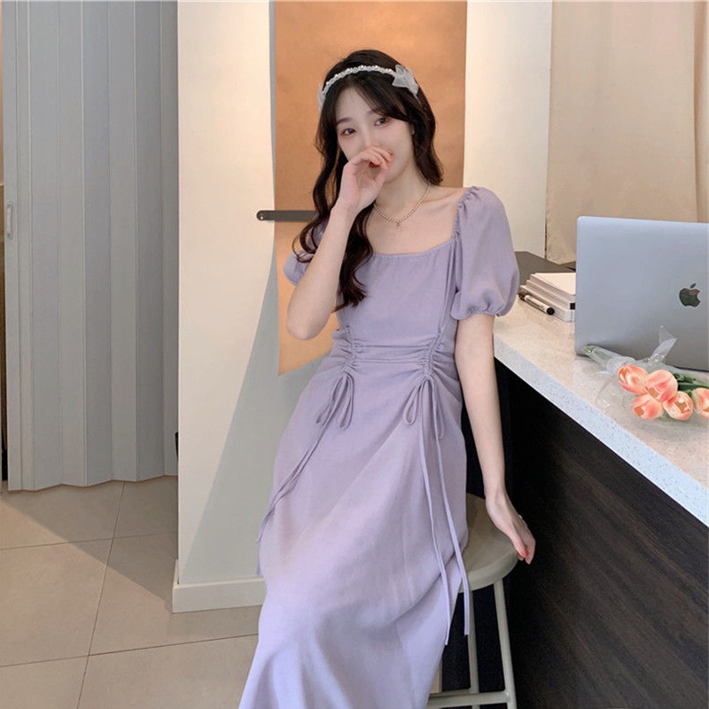 Đầm LIVE GREAT cổ vuông tay phồng phối dây rút phong cách Hong Kong thời trang mùa hè cho nữ