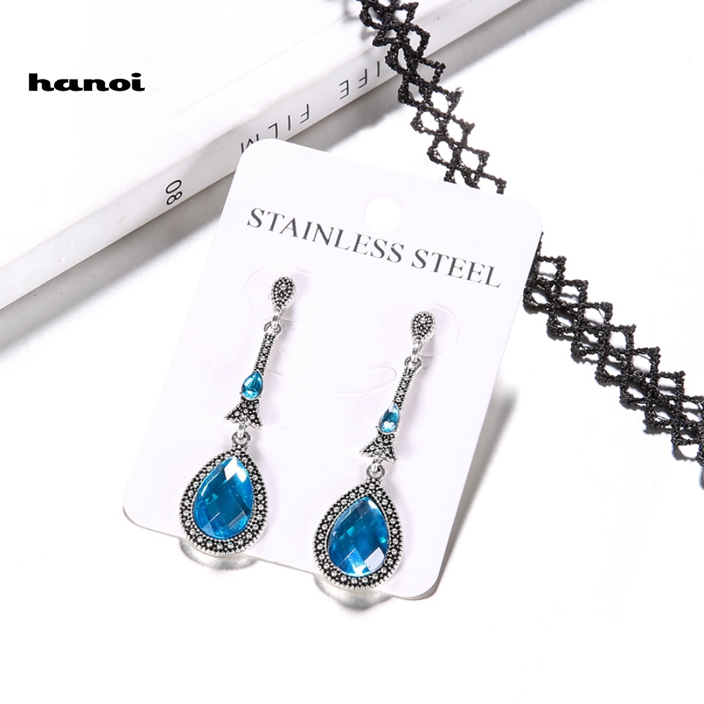 Khuyên Tai Kim Loại Hình Giọt Nước Đính Đá Vintage Cho Nữ