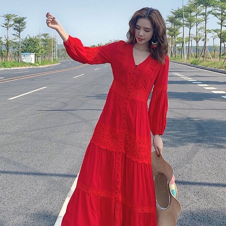 Đầm Trắng Dài Ngang Mắt Cá Chân Eo Cao Tay Dài cotton7.19