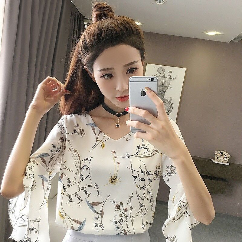 Áo Sơ Mi Chiffon Tay Ngắn Ống Loe In Họa Tiết Hoa Thời Trang Xuân Hè Mới Cho Nữ