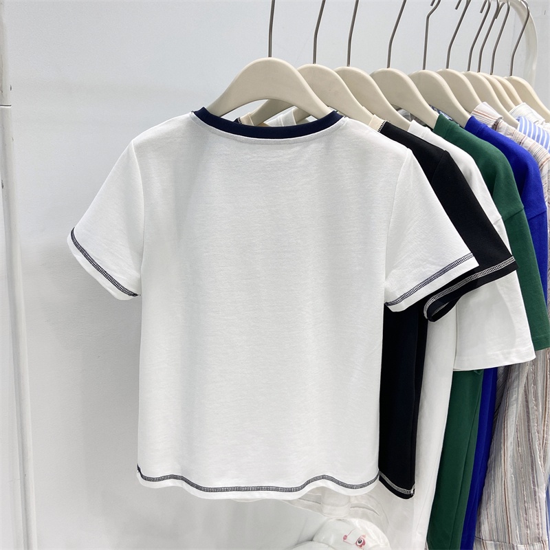 Áo Thun Tay Ngắn Cổ Tròn Thiết Kế Đường Viền Sáng Đơn Giản Phong Cách Phương Tây Cho Nữ