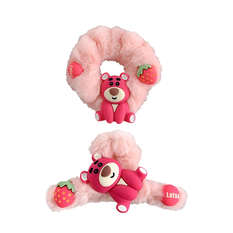 PVN60432 Kẹp Tóc Hình Gấu Dâu Tây Bằng Lông Nhung Thời Trang