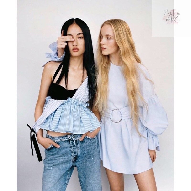 Áo Sọc Peplum Nơ Vai Nhún Eo FOREVER 21 Cổ V Hàng Xuất Dư Xịn Cao Cấp Full Tag Ver01