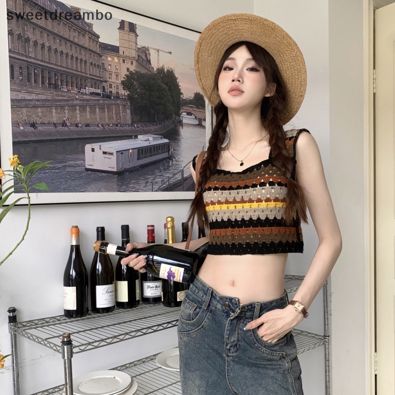Áo Ba Lỗ Thêu khoét lỗ Cổ Điển Mùa hè áo yếm dệt kim sọc màu không tay cho nữ