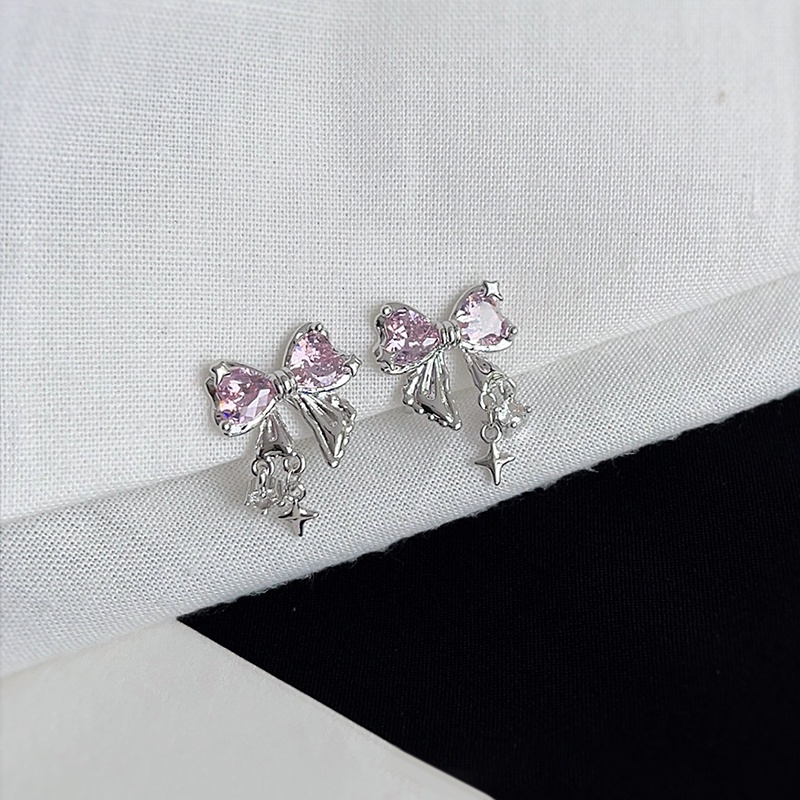 High-end pink bow stud earrings hoa tai tinh tế yr
