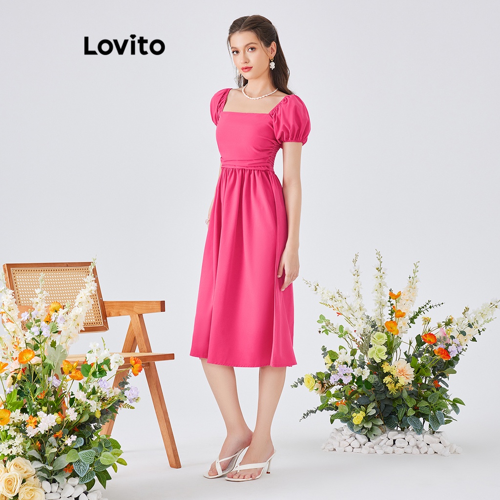 Đầm dạ hội Lovito phong cách Boho màu trơn xếp nếp tay phồng dành cho nữ L54ED091 (Hot hồng)