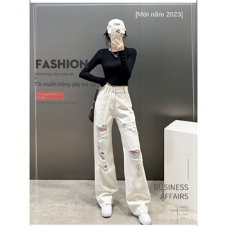Quần Jeans Dài Lưng Cao Ống Rộng Rách Gối Thời Trang Mùa Hè Cho Nữ