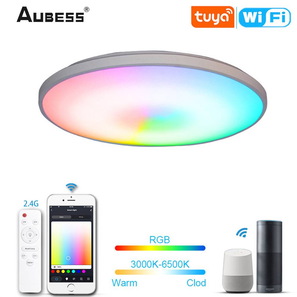 Aubess Đèn trần thông minh Aubess 24w Tuya Phòng khách Wifi Bluetooth 2.4g Điều khiển từ xa Rgbcw Làm mờ tông màu Giọng nói Lampu Led