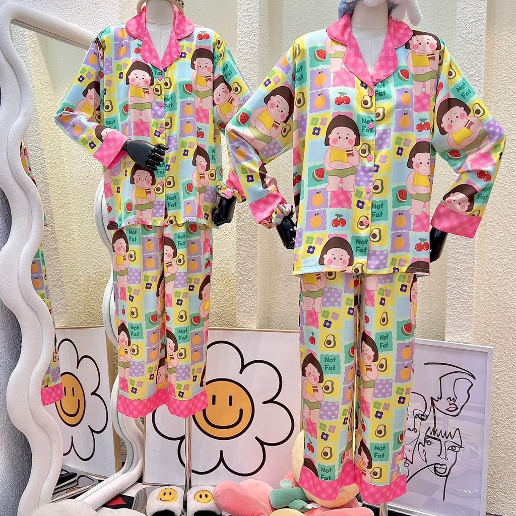 Bộ Pijama quần dài , áo tay dài in hình em bé béo trái cây phối lai caro kèm cột tóc - HN1502