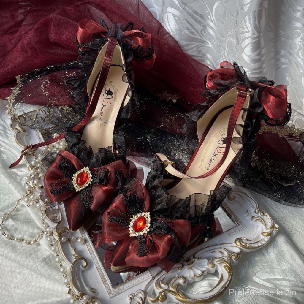 Worry-giày Cưới Lolita Cao Gót Đính Hoa Thủ Công Màu Tối Phong Cách Gothic Mùa Hè Cho Nữ Miaojiang