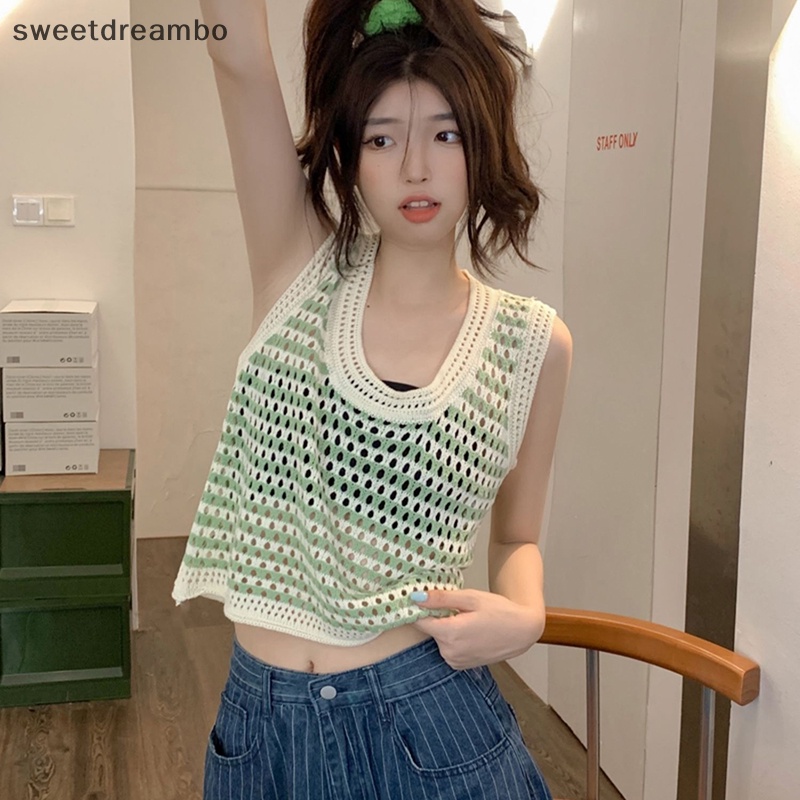 Áo hai dây dáng rộng không tay mùa hè cho nữ, áo hai dây dệt kim khoét lỗ sọc mùa hè
