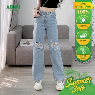 Quần Jean Nữ Aiori Ống Rộng Lưng Cao Rách Kiểu Ống Suông Cạp Cao Cotton Mềm Mịn, Thời Trang Hàn Quốc_S3350