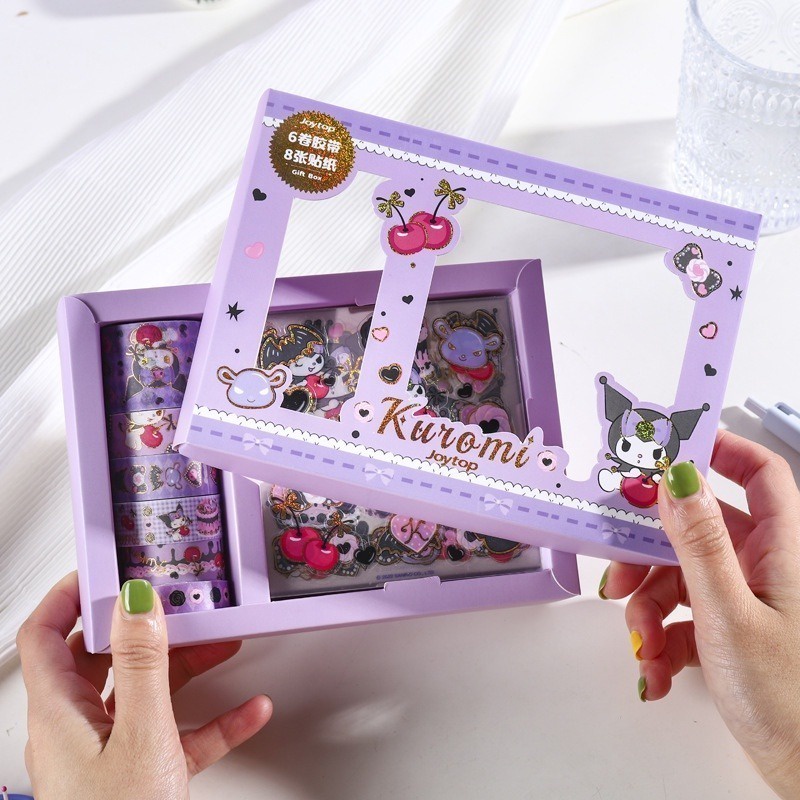 6 cuộn băng 8 tờ dán bộ nhãn dán băng sanrio hộp quà kuromi melody tài khoản tay chất liệu và băng giấy bộ nhãn dán quà tặng kỳ nghỉ