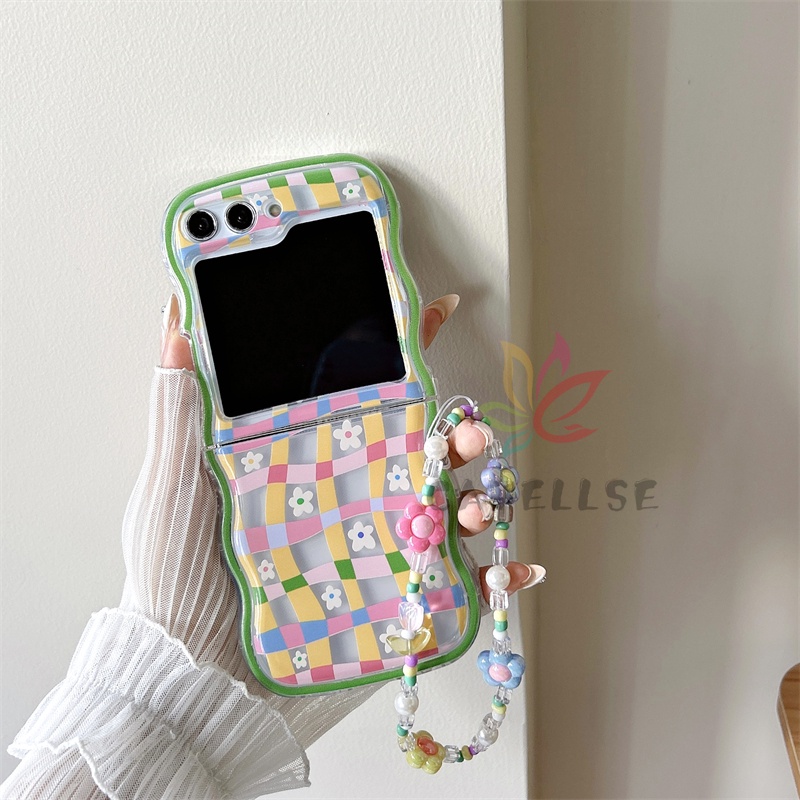 Khung sóng in hoa vỏ điện thoại silicon mềm trong suốt có dây đeo cổ tay samsung galaxy z flip 5 z flip 4 z flip 3 cạnh lượn sóng vỏ tpu mềm có dây đeo tay