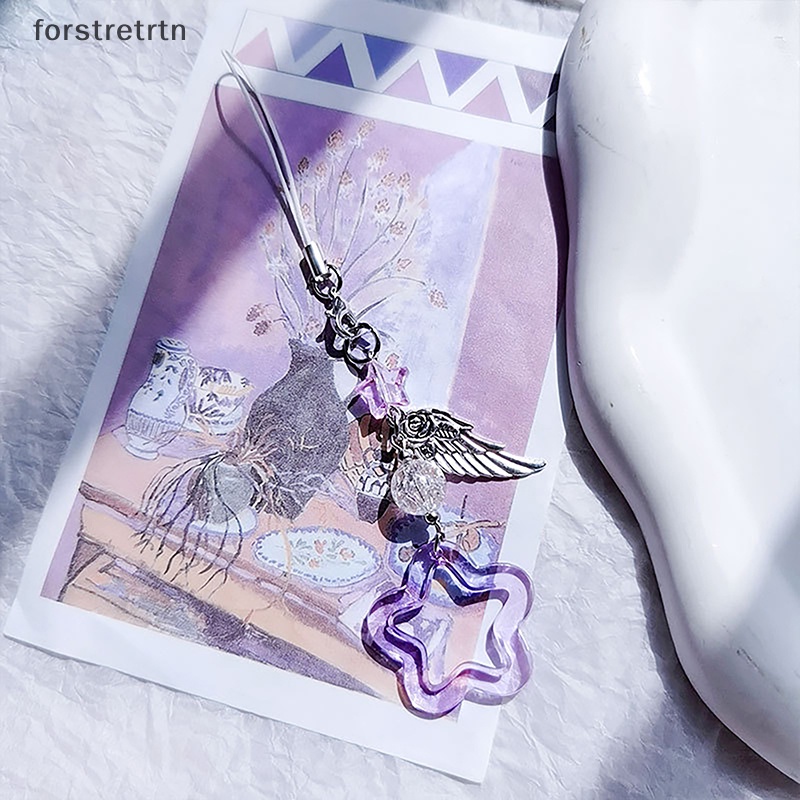 Forstretrtn điện thoại ch girl dây đeo dây buộc mặt dây chuyền màu tím nhỏ tươi mát hình cánh năm cánh móc khóa cho chìa khóa guben phụ kiện thời trang en