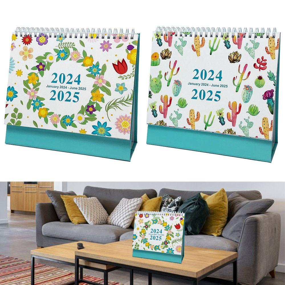 Lịch để bàn UUMIR tháng 1/2024-tháng 6/2025 tiếng Anh họa tiết hoa xương rồng đơn giản hóa lịch trình hàng tháng