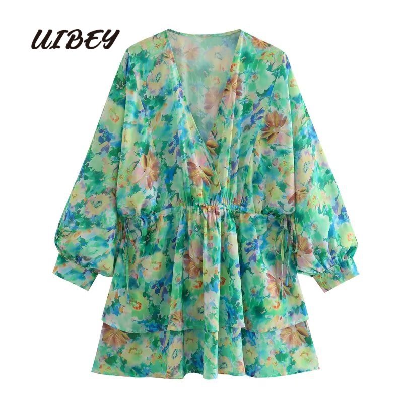 Uibey fashion v-neck in xếp chồng ruffle edge waist retraction dress 1905