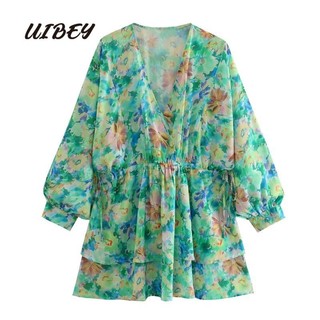 Đầm UIBEY 1905 rút eo viền bèo xếp tầng cổ V in họa tiết thời trang