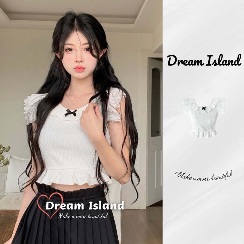 『Dream Island』Áo croptop Sát Nách Mềm Mại Phối Ren Phong Cách Nhật Bản Cho Nữ