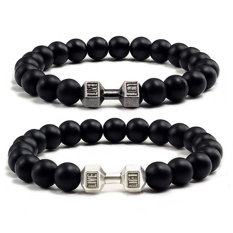 Punk fashion unisex matte stone fitness gym dumbbell bracelet cườm nam vòng tay có thể điều chỉnh
