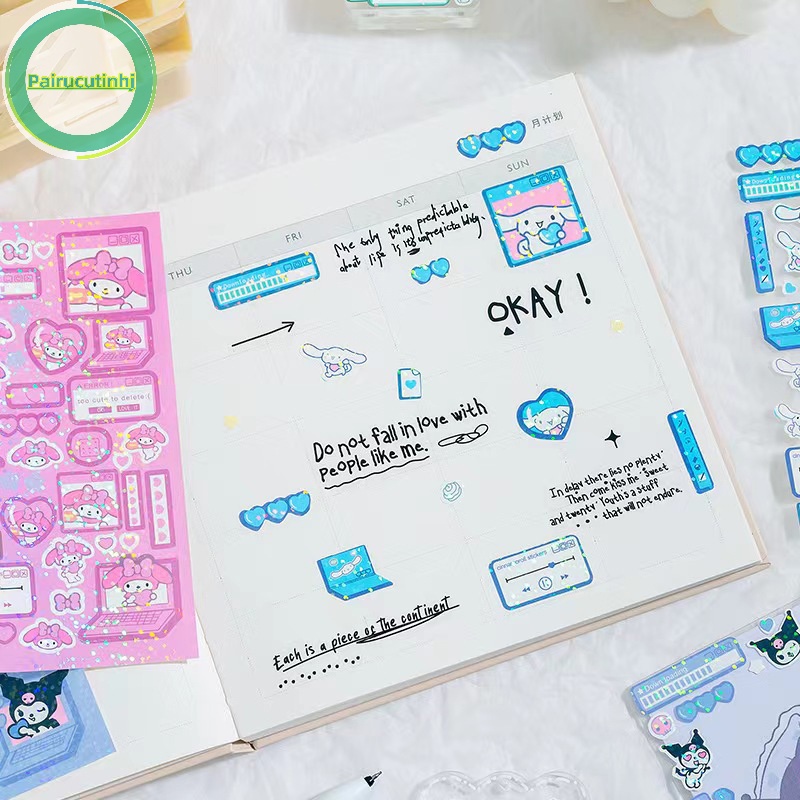Set 6 Tấm Hình Dán hello kitty melody kuromi hello kitty Màu laser Chống Thấm Nước diy vn