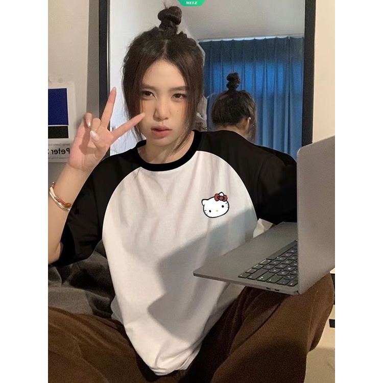 2023 summer american retro ins sanrio hello kitty niche loose color blocking short-sleeved t-shirt nữ lười hàn quốc thời trang giản dị áo sơ mi học sinh