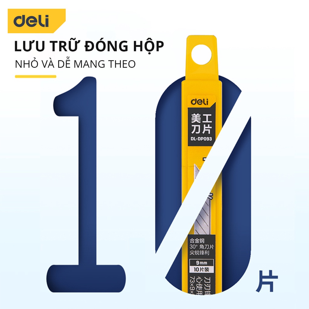 Hộp 10 Lưỡi Dao Rọc Giấy Deli, Chất Liệu Thép Hợp Kim Siêu Bền, Sắc Bén, Mũi Dao 30 Độ - DL-DP093