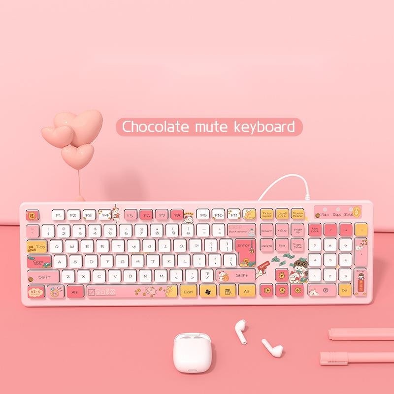 104 key kawaii bàn phím câm có dây máy tính xách tay trò chơi máy tính bàn phím hoạt hình sô cô la