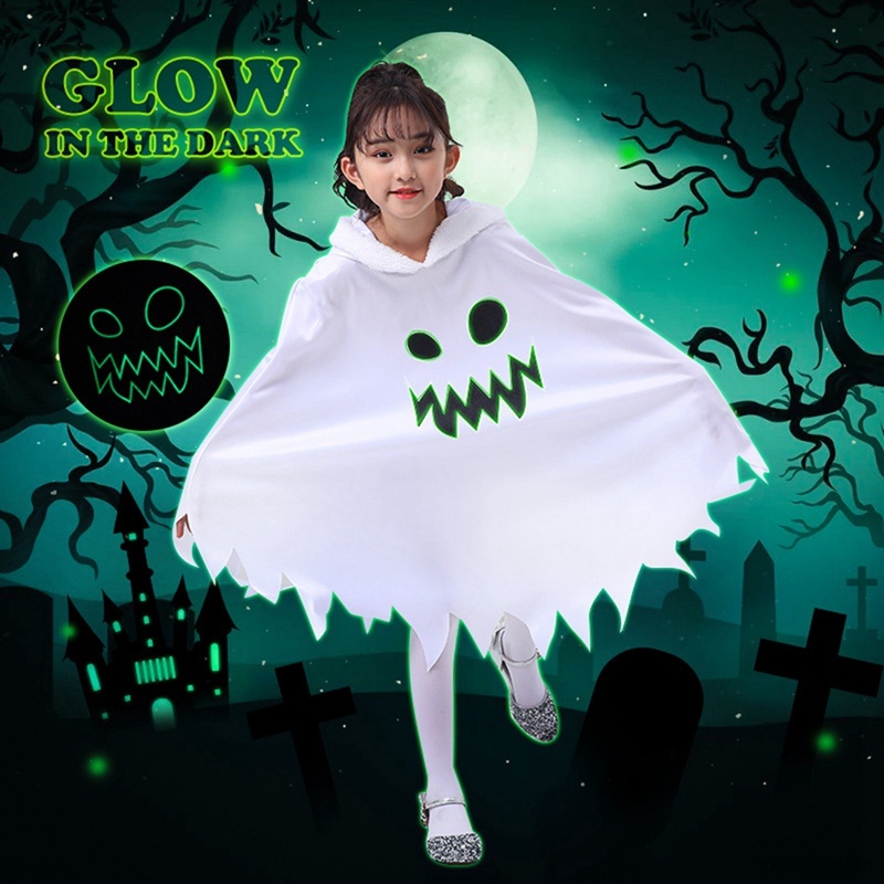 Halloween trẻ em ma trắng phát sáng áo choàng mặt ma
