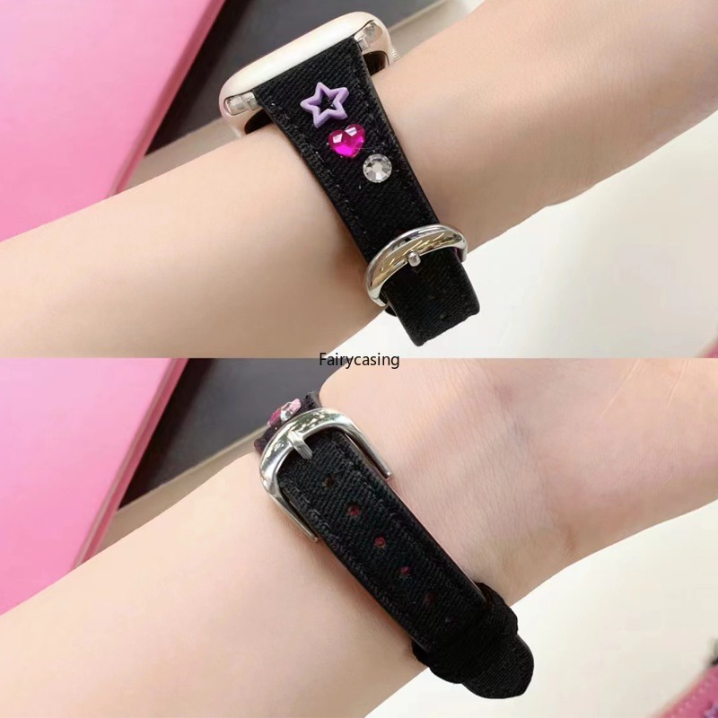 Dây đeo bằng da phong cách giải trí cho iwatch series ultra 8 6 6 6 se y2k denim girl bracelet cho apple watch dây đeo 41mm 40mm 45mm 38mm 49mm phụ kiện