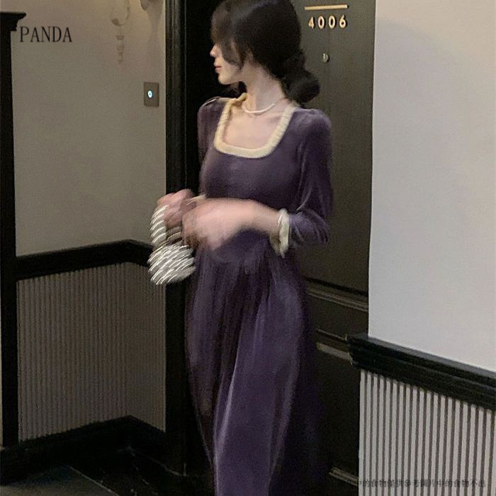 PANDA7.30Đầm Nữ Dài Tay Chất Nhung Màu Tím Phong Cách Retro váy nữ chân váy