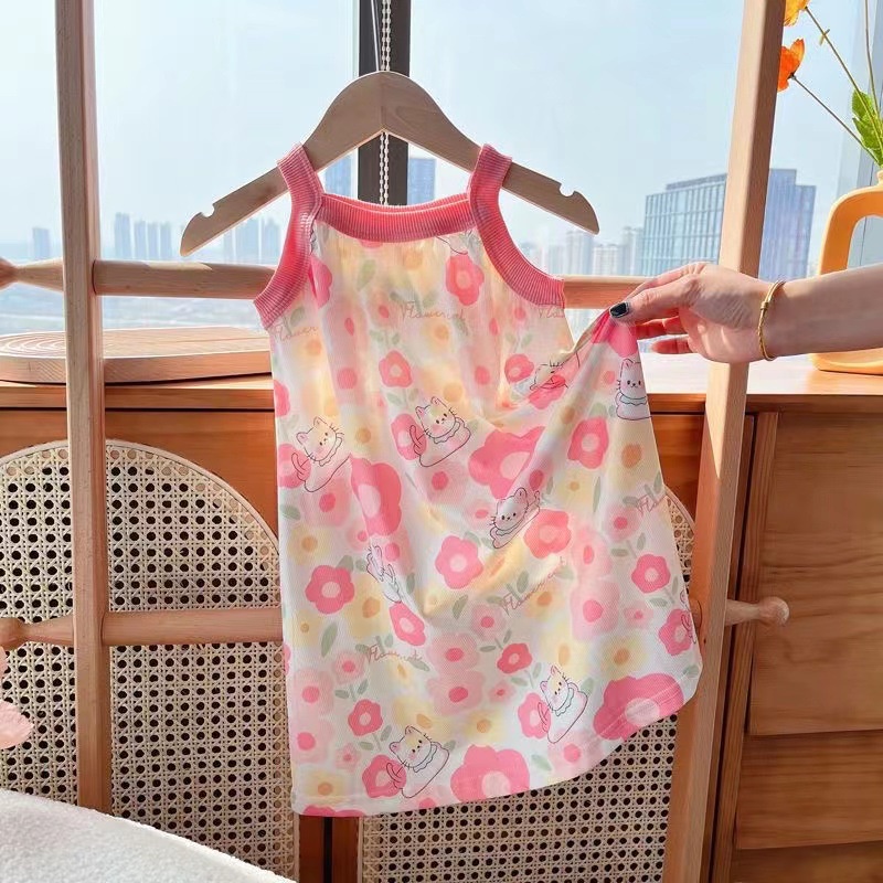 Đầm Ngủ Hai Dây Bằng Lụa Mát Thoáng Khí Phong Cách Công Chúa Phương Tây Dễ Thương Dành Cho Bé Gái 80-150cm