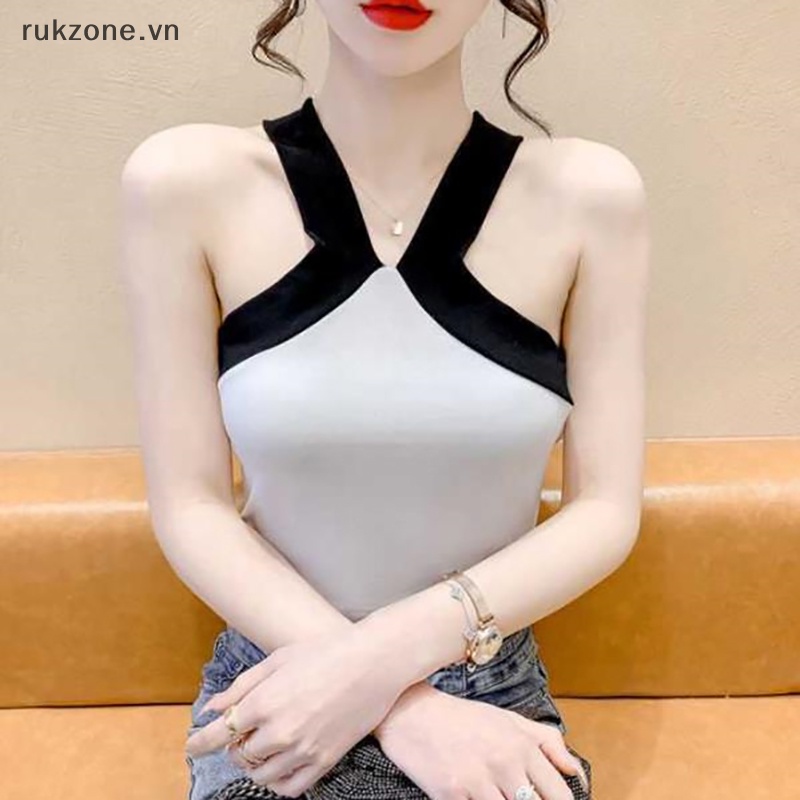 Zon mùa hè tương phản màu Áo hai dây dệt kim phụ nữ sexy không tay mỏng trên cùng ig