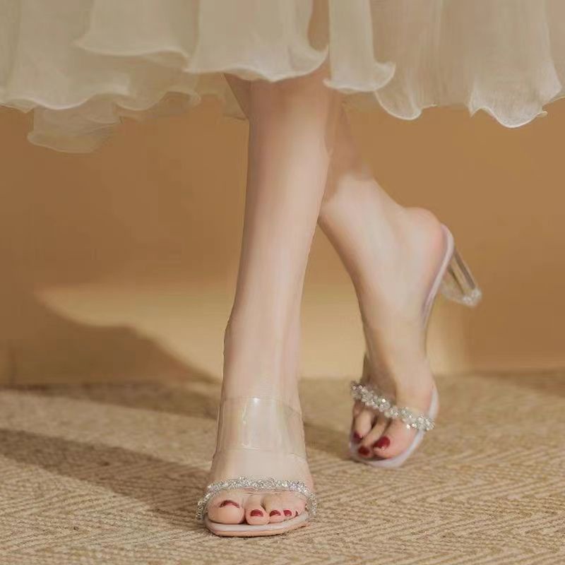 Big Size 35-42 Dép Cao Gót nữ Đế Vuông hở gót phối dây cao 7/9cm