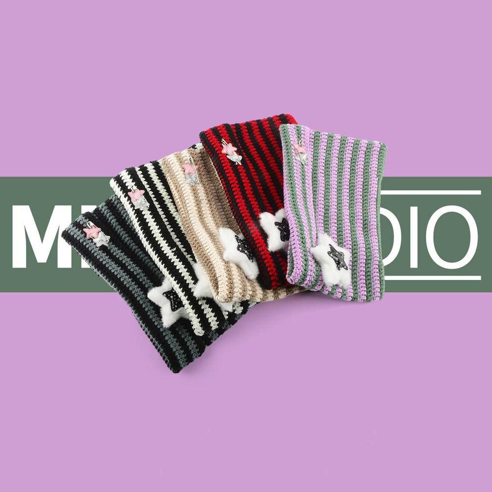 Muvako Mũ len dệt kim, với mũ chui đầu năm cánh pompom, quỷ nhỏ sọc tai mèo dễ thương mũ beanie thu đông