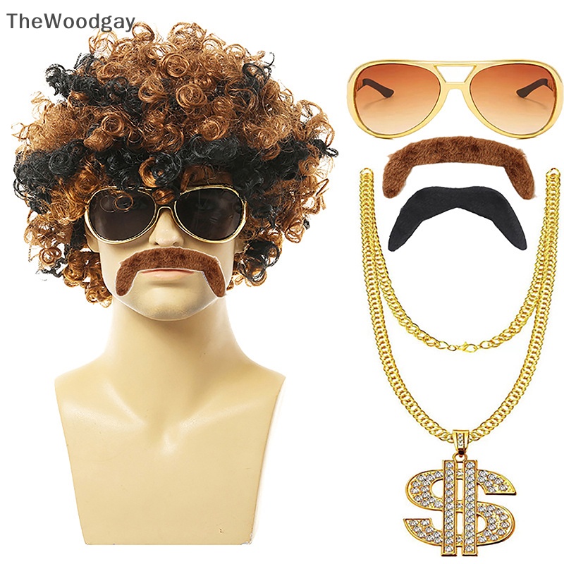 Thewoodgay 1 bộ nam giới màu đen ngắn xoăn tổng hợp cosplay tóc giả vàng nâu những năm 70 80 disco mustache chuỗi vàng halloween trang phục bên tóc giả en