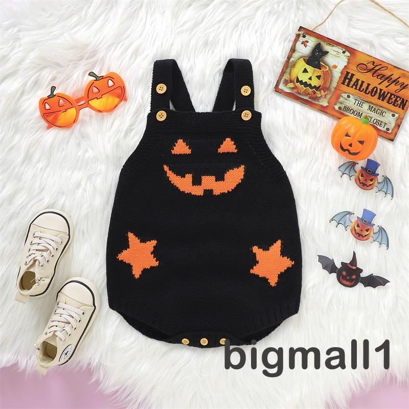 Bigmall-trẻ sơ sinh treo quần áo romper halloween bí ngô in không tay dệt kim quần áo dễ thương