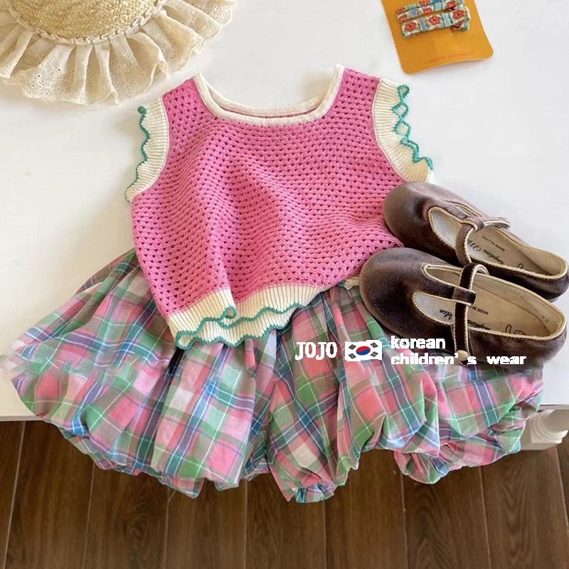 ready stock summer new style girls fashion vest dệt kim ren + quần short kẻ sọc rộng rãi bộ đồ hai mảnh bộ đồ cô gái bộ đồ mùa hè bộ đồ cô gái bộ đồ cô gái hàn quốc bộ đồ thể thao
