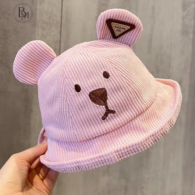 Mũ vải nhung mùa thu siêu dễ thương mũ hoạt hình gấu trẻ em mũ lưu vực bé trai và bé gái mũ ngư dân