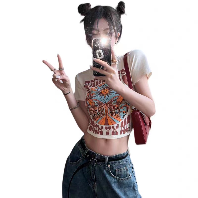 GgFashion Áo Thun Baby Tee Nữ Cổ Tròn Hè Tay Ngắn Phong Cách Retro, Thời Trang Xinh Xắn