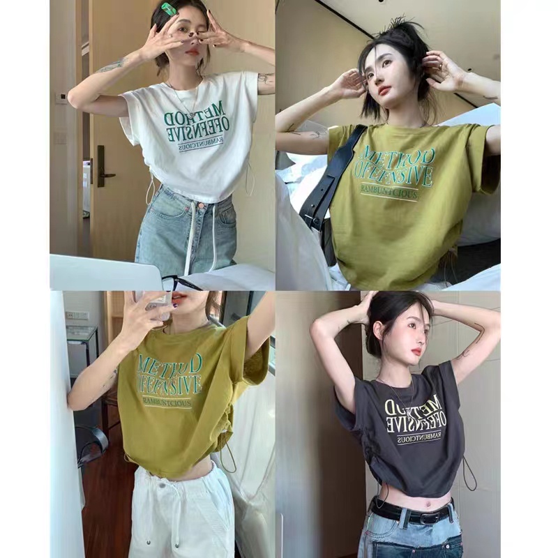 GgFashion Áo Thun Nữ Cổ Tròn In Hoa Văn, Tay Ngắn, Phong Cách Cổ Điển Và Thoải Mái, Dây Rút Phía Bên