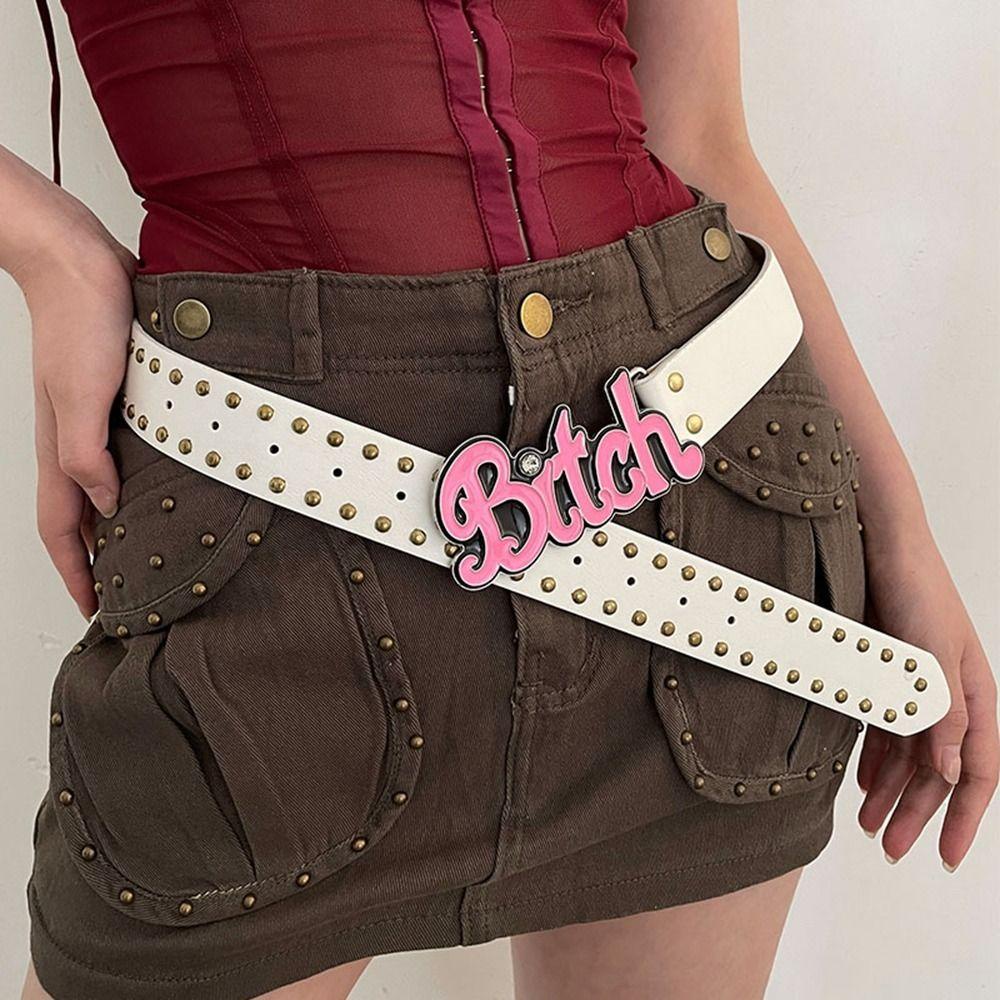 Oceanmap Thắt Lưng Da pu Màu Hồng Đính Đinh Tán Và Chữ Cá Tính Cho Nam y2k