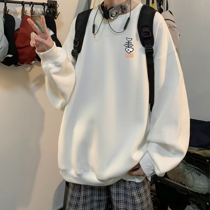 Áo sweater Nam Tay Dài Dáng Rộng Cổ Tròn In Hình Xương Cá Phong Cách Hàn Quốc Thời Trang Mùa Thu