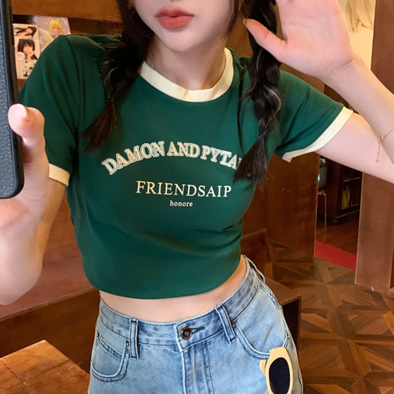 IELGY Áo Thun Cổ Tròn In Họa Tiết Màu Sắc Tương Phản Thời Trang Cho Nữ