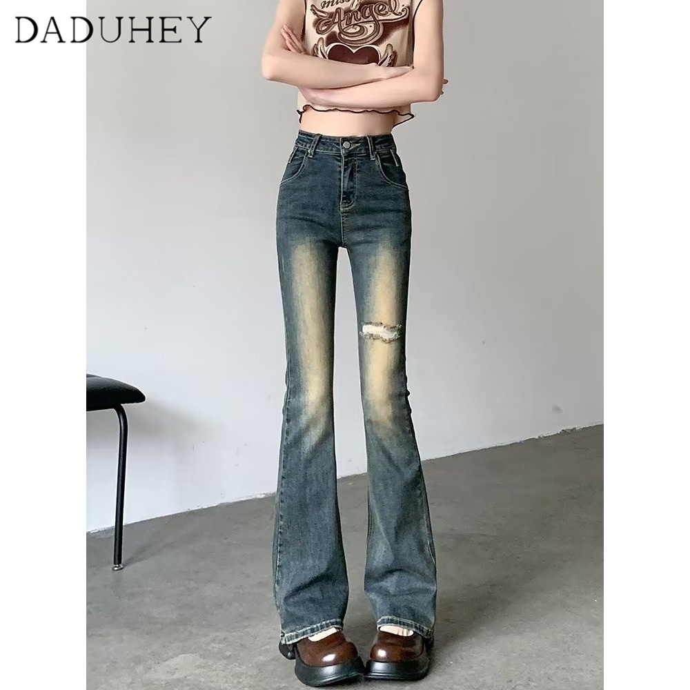 Quần jean DADUHEY lưng cao ống loe phối rách kiểu cổ điển thời trang phong cách Hàn Quốc cho nữ